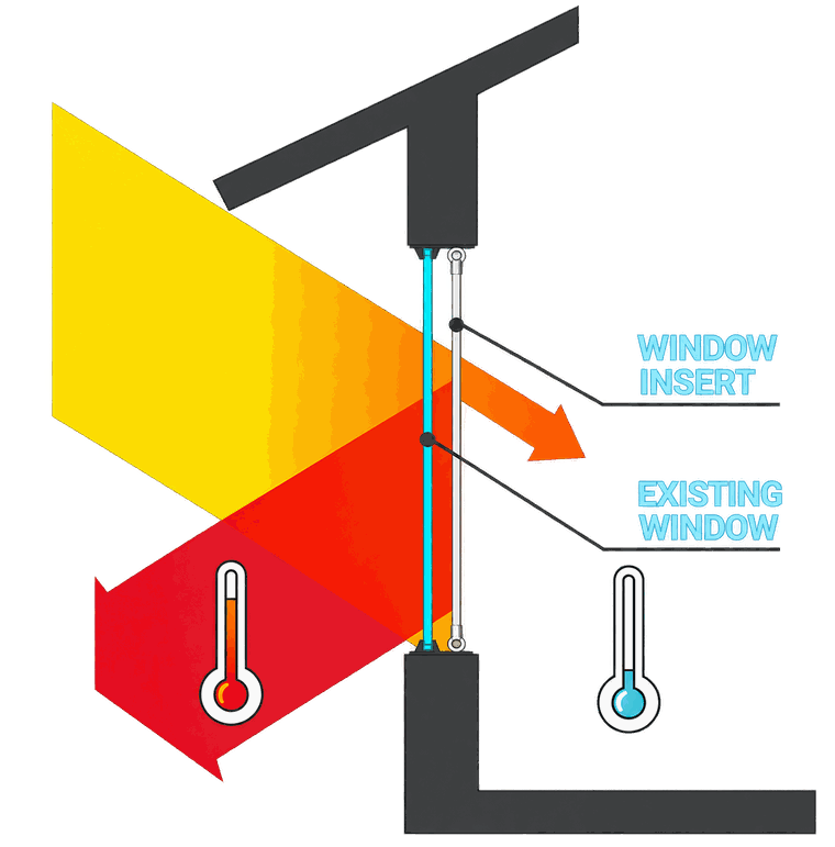Diagram: sunlight and heat striking a window, reduced at the insert fitted inside the existing window, with a cooler thermometer on the room side