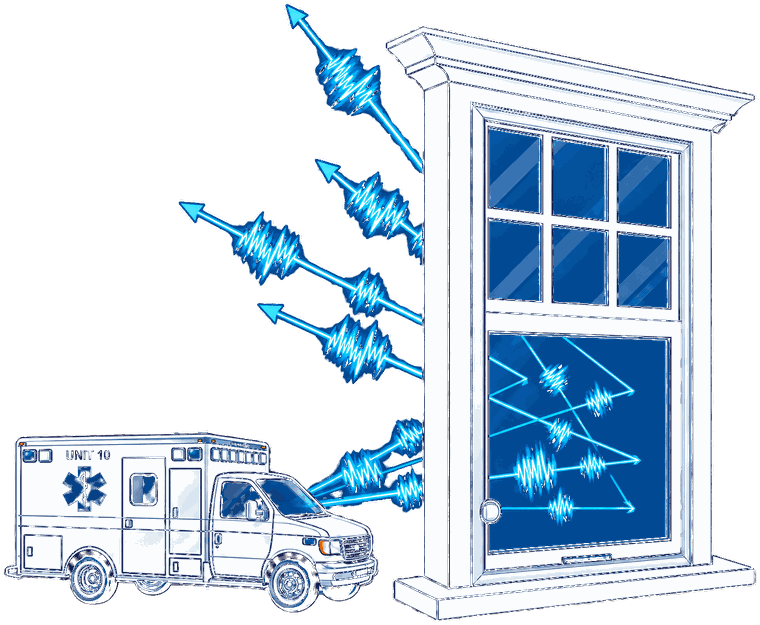 Illustration: an ambulance with its siren sounding outside a house window; most of the sound waves bounce off the window insert and only a small amount reaches the room